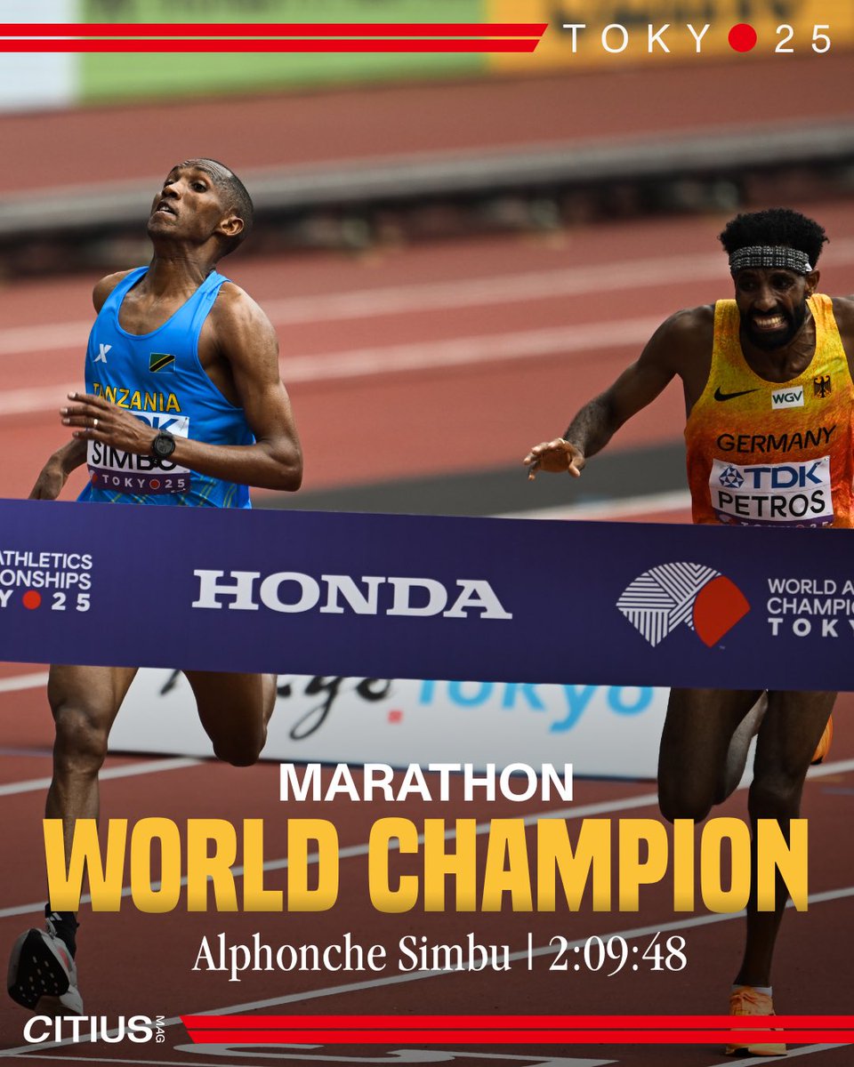 CitiusMag's tweet photo. PHOTO FINISH IN A MARATHON ARE YOU KIDDING ME?! 🤯

26.2 miles of racing comes down to a lean in Tokyo’s National Stadium, as Alphonce Simbu 🇹🇿 just barely beats out Amanal Petros 🇩🇪 to win the #WorldAthleticsChamps marathon in 2:09:48.

Simbu is having a great year after finishing second in Boston this spring, and now he picks up Tanzania’s first ever gold medal in the event.