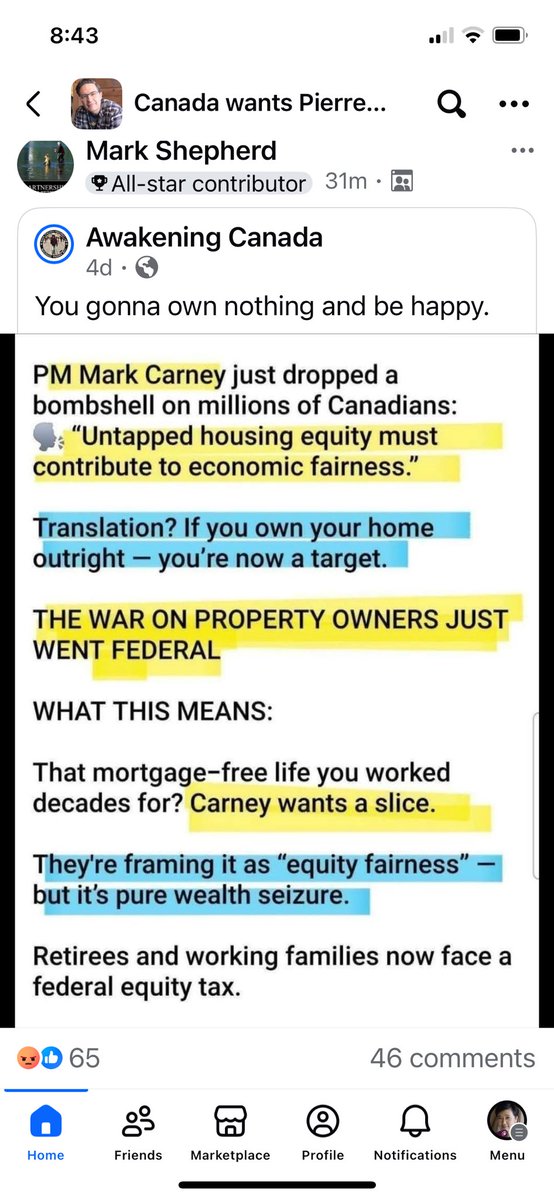 rosalinepi3's tweet photo. 😡😡 This is insane!! Carney is dipping his hands into the Canadian home owners’ pockets in the name of “equity fairness”!! 

What equity fairness?? My equity which I acquired via my own contributions is to be shared with others who have zero contribution? Is this fairness? 🤬🤬 https://t.co/r922YwHeGI