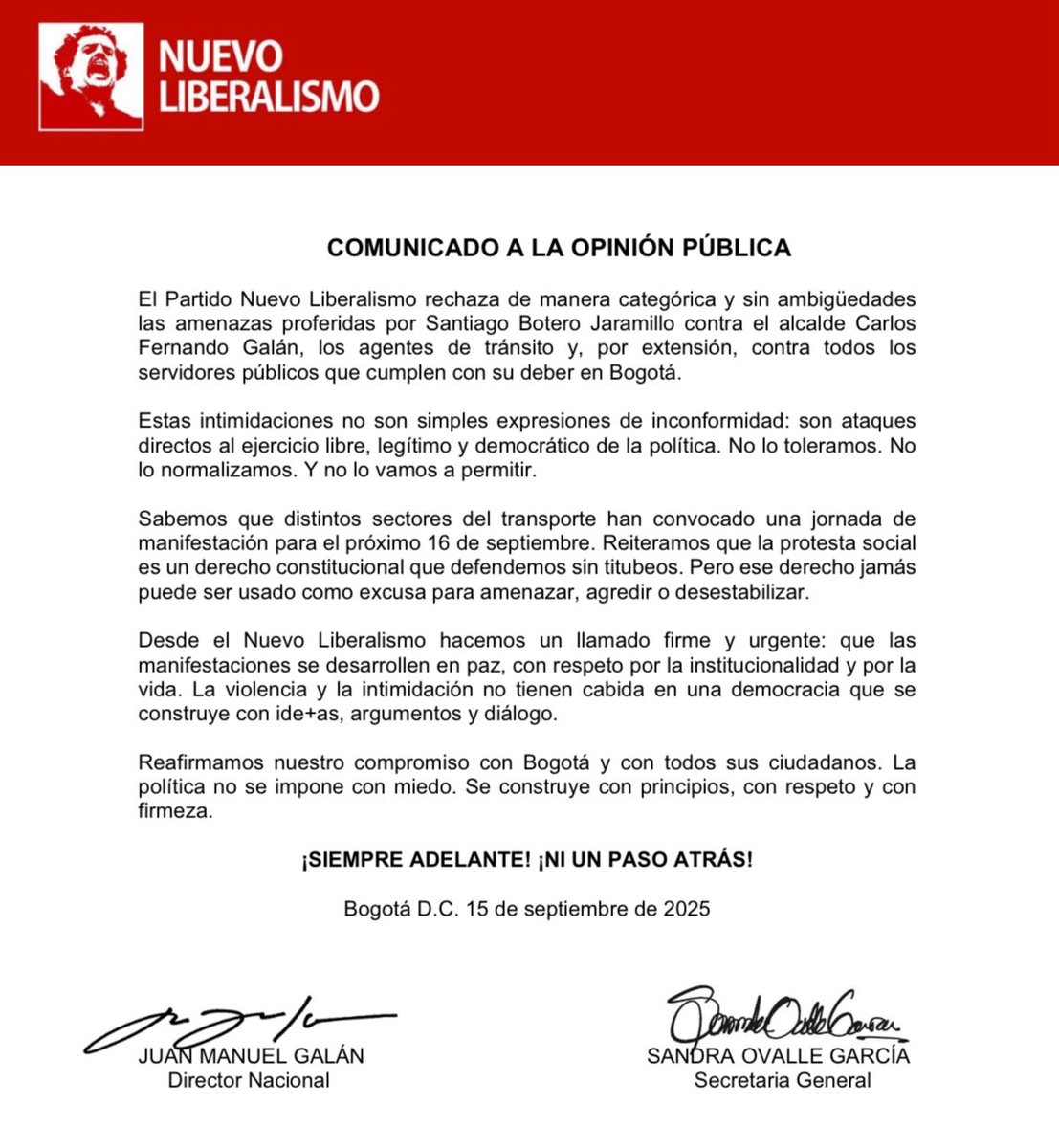 Comunicado del <a href="/NvLiberalismo/">Nuevo Liberalismo</a> a la opinión pública: rechazamos las amenazas de muerte proferidas por un precandidato presidencial contra las autoridades del Distrito Capital de Bogotá. No aceptamos la violencia. Los colombianos y Colombia 🇨🇴 merecemos escribir una nueva historia.