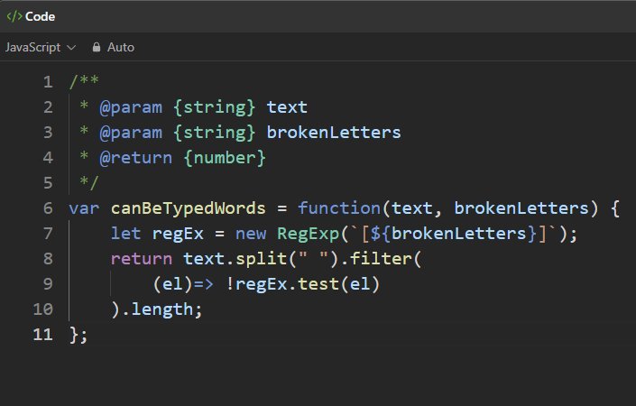 DevGod9's tweet photo. #LeetCode 1935, just using some regular expressions to filter out which words in the given sentence contained the banned letters, then return the length. #JS #String #RegularExpression https://t.co/OpA4gcO1cY