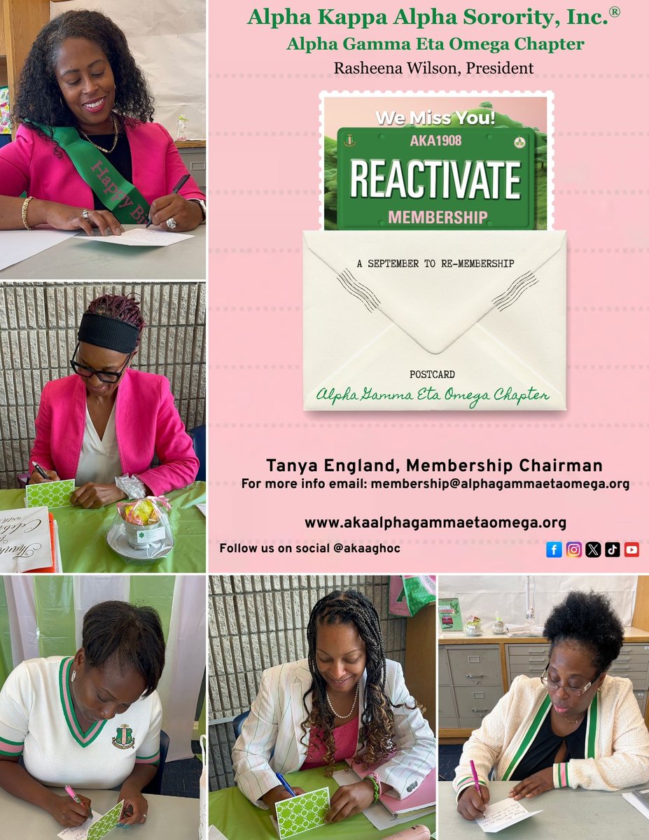 akaaghoc's tweet photo. Alpha Gamma Eta Omega is proud to join the Journey to “A September to ReMembership”! Postcards reconnect sorors: we shared sisterly love, brightened days, and invited sisters back to the bond. Cards are mailed. Reactivate today. 💚💗 #ReactivateNAR #nar1908 #akanar1908 #aka1908 https://t.co/VBa5fKB9CU