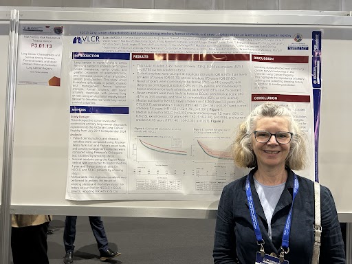 A/Prof Susan Harden presents our VLCR poster at #WCLC25: Lung Cancer Characteristics and Survival Among Smokers, Former Smokers, and Never Smokers in an Australian Lung Cancer Registry. Important insights on never smoker lung cancer. #LungCancer #IASLC