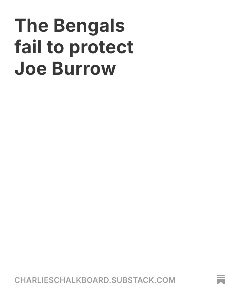 Duke Tobin said that the Bengals weren't going to spend more money for just the same team, but that's pretty much what they did. 

The Bengals did the minimum at guard during the offseason, and they didn't protect their franchise quarterback. 

charlieschalkboard.substack.com/p/the-bengals-…