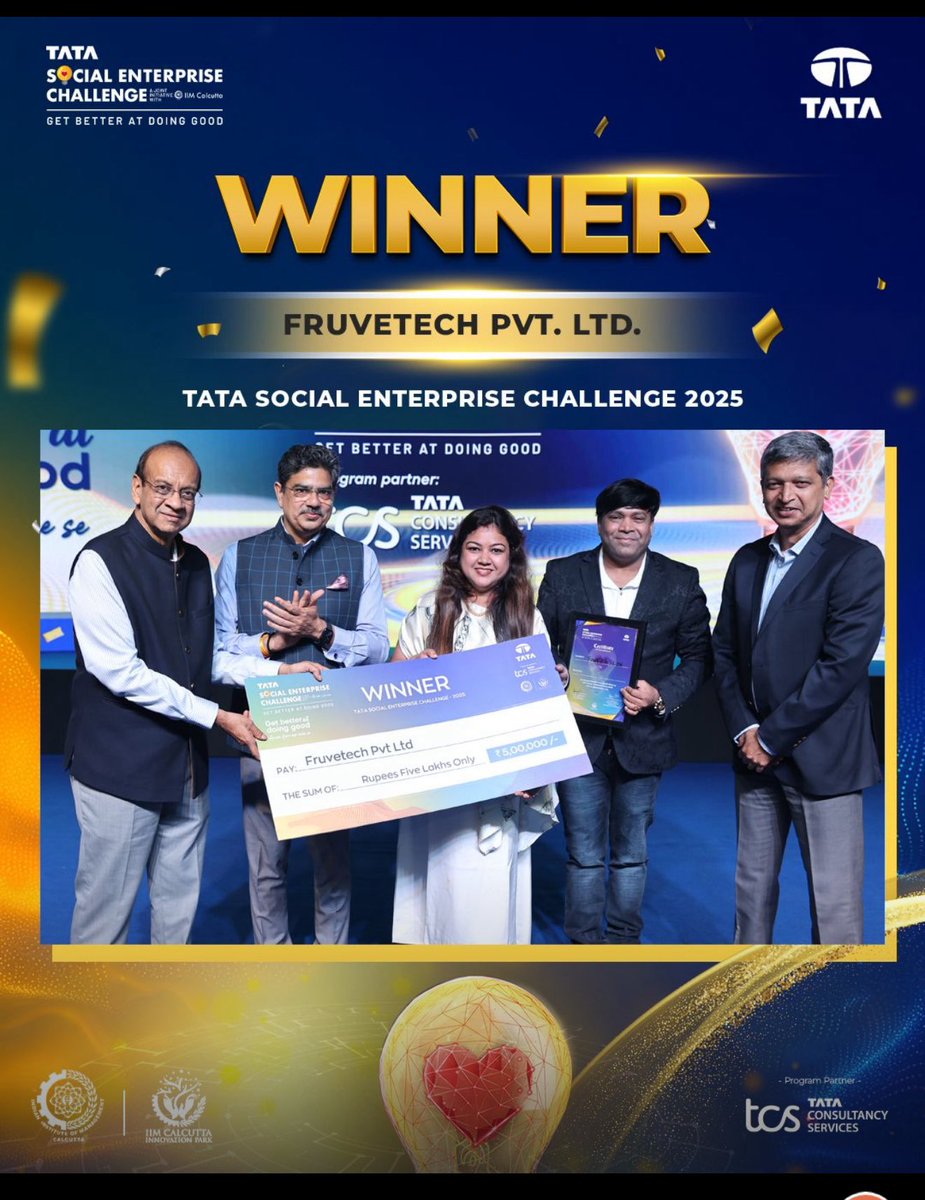 Thrilled to share that our startup Fruvetech won the TATA Social Enterprise Challenge for its innovative approach to sustainable agriculture and social impact. Out of 15000 applications and several rounds of pitching Fruvetech emerged as Winner <a href="/rajesh_gokhale/">Rajesh Gokhale</a> <a href="/DrJitendraSingh/">Dr Jitendra Singh</a>