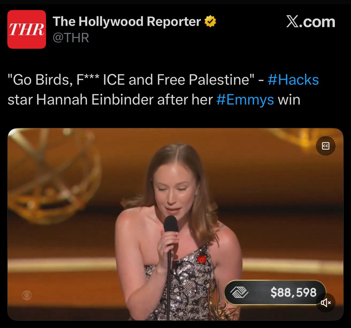 <a href="/THR/">The Hollywood Reporter</a> Millionaire celebs love shouting empty slogans on stage like it's open mic night.

"Free Palestine" is not a punchline. 

Hannah, you had 30 seconds to inspire millions- you could have called for peace, condemned terror, call for the release of the hostages, oppose the sexual