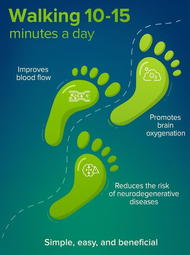 KristenJakobitz's tweet image. As little as 10-15 minutes of walking per day helps to boost blood flow, brain oxygenation, and lowers your risk of brain diseases.
#BrainHealth #WalkingBenefits #HealthyLifestyle