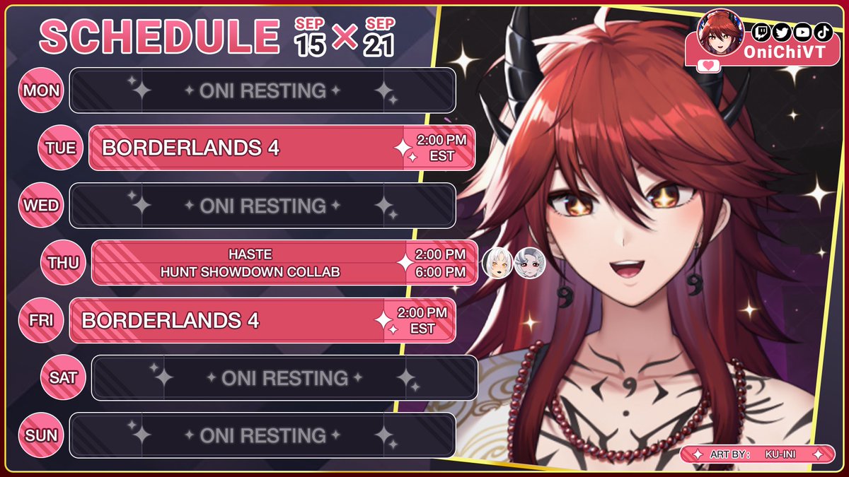 ˚ ✦₊˙ 𝐎𝐍𝐈'𝐒 𝐒𝐂𝐇𝐄𝐃𝐔𝐋𝐄 ˙₊✦˚
「NEW GAME! NEW GAME! But still the same Oni Femboy~」

ᴛᴡɪᴛᴄʜ • twitch.tv/onichivt
ᴏᴛʜᴇʀ • onichi.carrd.co