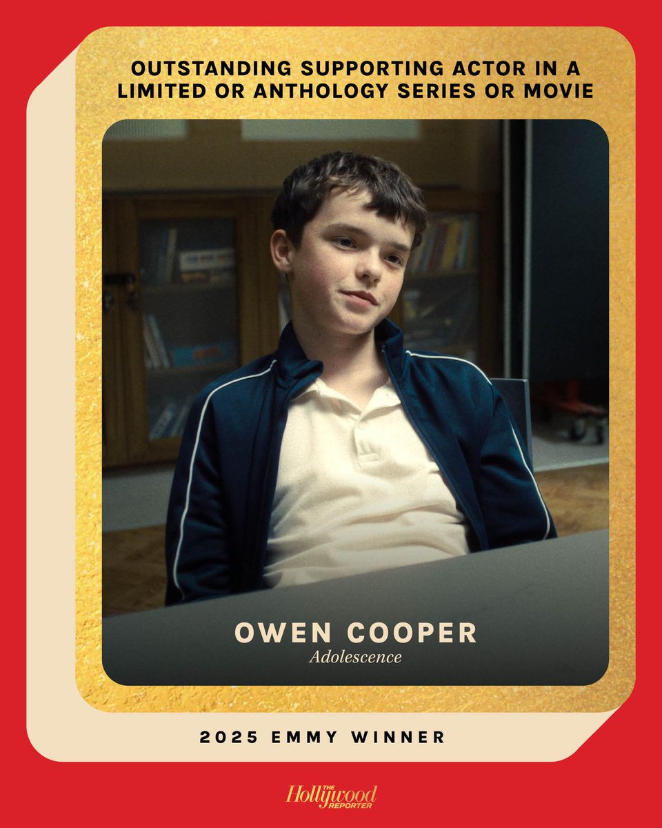 THR's tweet photo. At the #Emmys, #Adolescence's Owen Cooper wins for best supporting actor in a limited series or movie https://t.co/YF86hvPMQi https://t.co/xjYZlWO3Ov