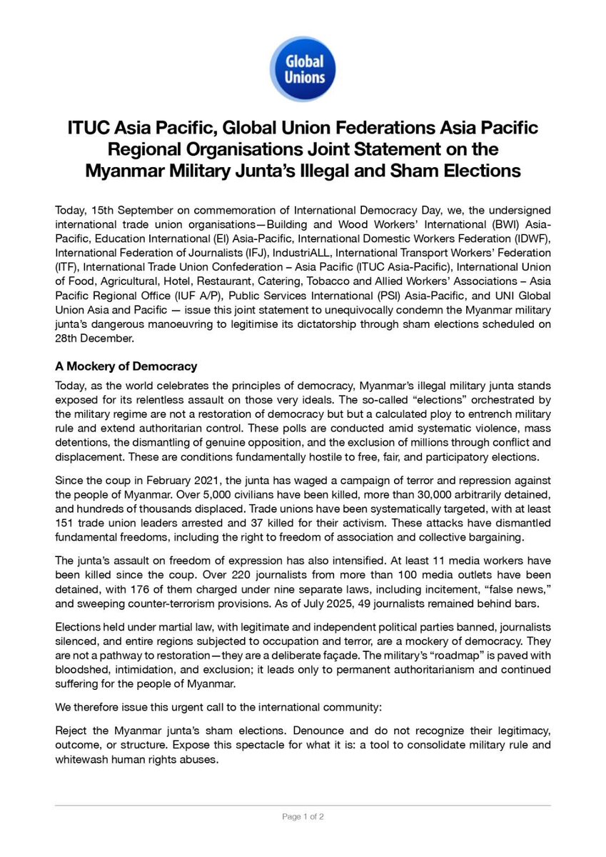iufap's tweet photo. On the International Day for Democracy, Asia/Pacific Regional Organizations of International Trade Union Federations call to reject sham election in Myanmar and restore democracy. #RejectShamElections #RestoreDemocracy #Myanmar @itucasiapacific https://t.co/rLPtefgWm7