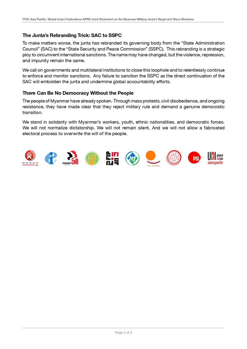 iufap's tweet photo. On the International Day for Democracy, Asia/Pacific Regional Organizations of International Trade Union Federations call to reject sham election in Myanmar and restore democracy. #RejectShamElections #RestoreDemocracy #Myanmar @itucasiapacific https://t.co/rLPtefgWm7