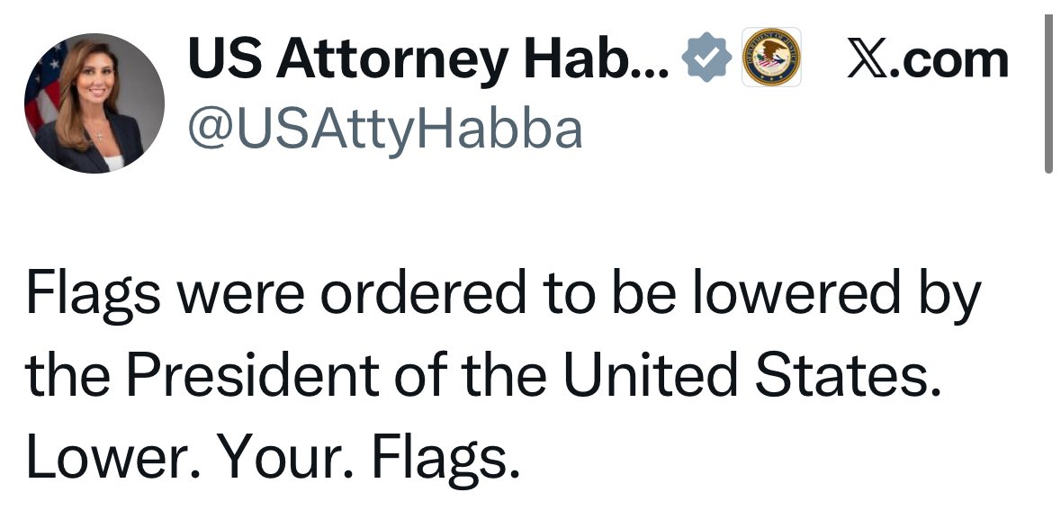 cturnbull1968's tweet image. Do you think she knows that this presidential order only applies to federal buildings and military bases? 

Because I get the impression that she thinks everybody with a flag is under legal obligation to fly it at half mast.