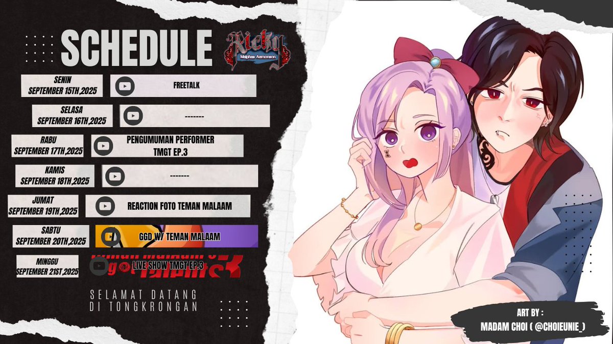 YourBubblyKiky's tweet photo. ☕️Weekly Schedule☕️

Hi Temans, Berikut adalah Jadwal mingguan kiky untuk tgl 16-21 September 2025~

Community name : Teman Malaam
General : #Ricky_Malaam
Live : #MaLive
Art : #MalArt
Clip : #ClipMon
Sing : #Nyanyian_MalAam
Meme : #MeMaMon
NSFW : #Area_Malaam

Art by : Madam Choi https://t.co/xGfGyZwi2G