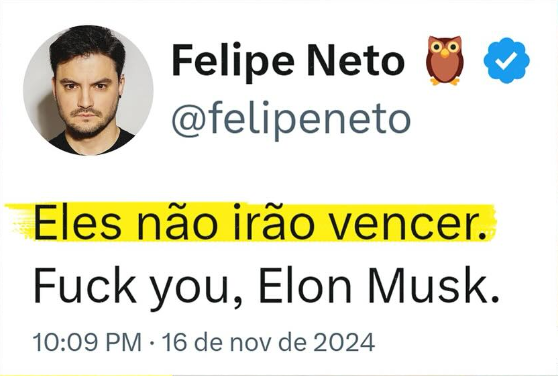 Felipinho, amanhã terão provas DE SOBRA em relação a live que você fez com o Barroso pra discutir eleições e censura na redes sociais.

Lembra quando você afirmou que tinha um "SETOR DE INTELIGÊNCIA" que monitorava pessoas em rede social? Pois é, EU NÃO ESQUECI DISSO! 😌