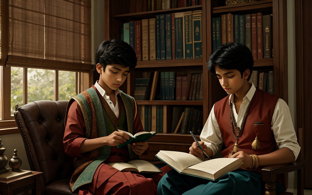 vu2lid's tweet image. Twin students in ornate vests studied side by side, their pages heavy with inherited memory.
Painterly realism, intimate library study, warm natural glow. #AIArt #MemoryField