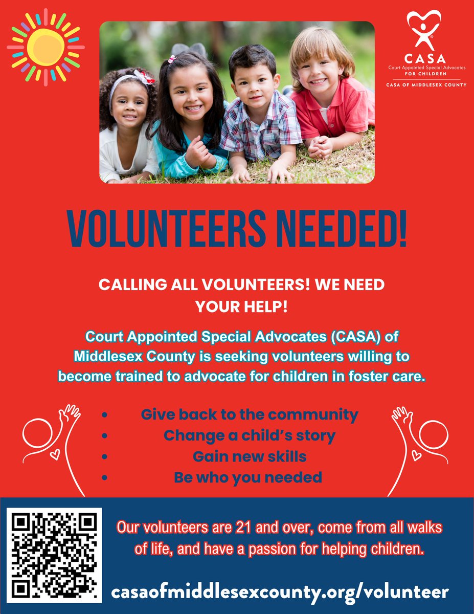 We’re inviting volunteers to join us in supporting children in foster care across Middlesex County. Our next training class begins on October 8, and there are still a few spots open. Visit our website to learn more.
casaofmiddlesexcounty.org/volunteer/