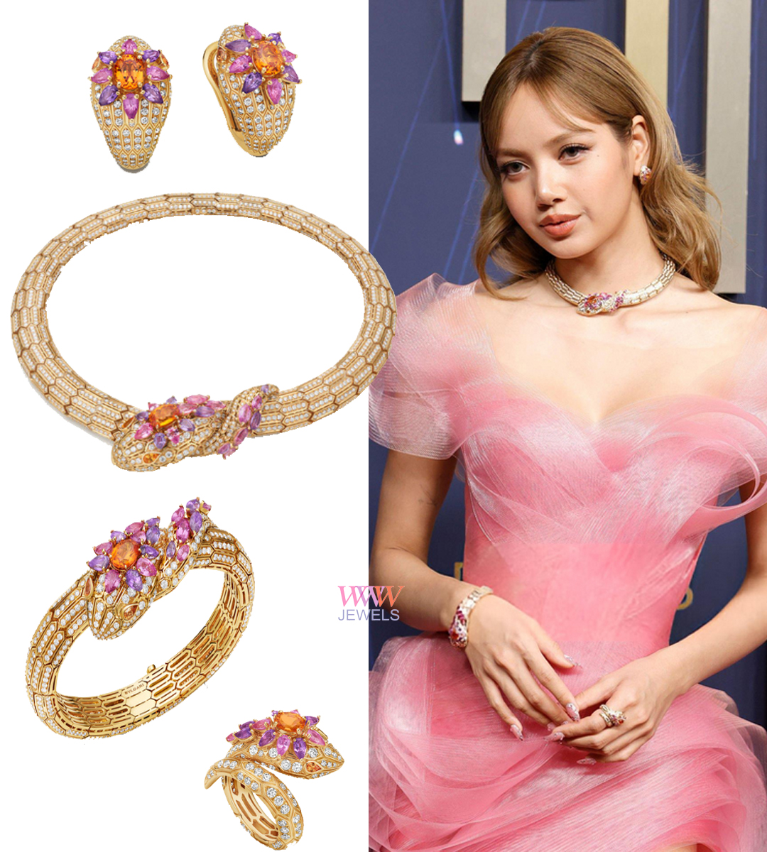 wwwjewelsdaily's tweet image. Hands down our favorite #Emmys jewelry look! #LISA absolutely divine in Bvlgari High Jewelry Serpenti jewels with mandarin garnets and pink and purple sapphires!