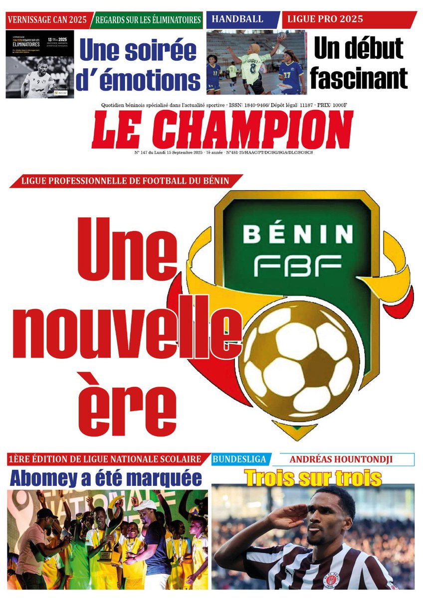 SteveZounon's tweet photo. Le Champion du lundi 15 septembre 2025 https://t.co/ZLlGjDggan