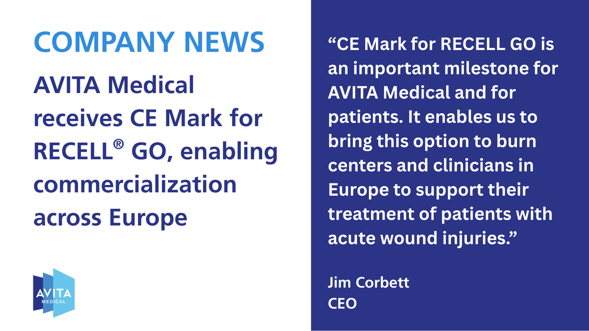 AvitaMedical's tweet photo. #News: AVITA Medical ($RCEL, $AVH) receives CE Mark for RECELL® GO, enabling commercialization across Europe. Press Release: https://t.co/2ctdM7zmwG.. https://t.co/JAAngXmf4m