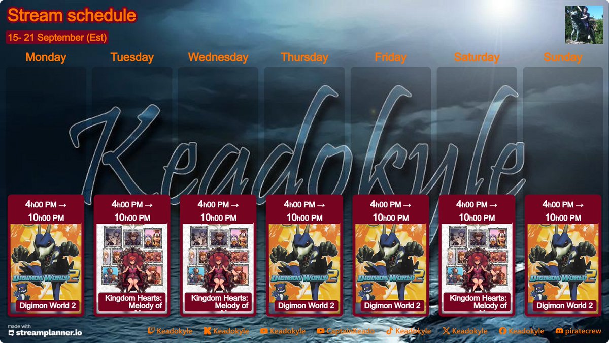 Keadokyle's tweet image. New streaming schedule for #Digimon  and #kingdomhearts socials are on the bottom