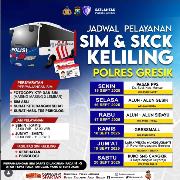HumasGresik's tweet image. Hallo Rekk!!
Jadwal Sim Keliling untuk pekan ini (15 september - 20 September 2025) sudah keluar.
Catat tanggal dan lokasinya, ya!
Jangan sampai kelewatan, ya☺️
#simkelilinggresik #gresik #satlantaspolresgresik #polresgresik
10 h