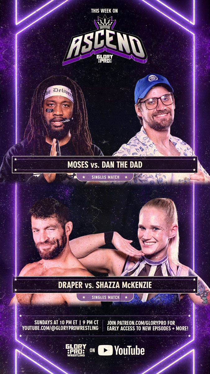 Glory Pro Wrestling (@weareglorypro) on Twitter photo ⬇️Now Streaming⬇️
ASCEND Ep. 88
<a href="/Shazza_McKenzie/">Shazza McKenzie / シャザ マッケンジー</a> vs. <a href="/MileHighMagnum/">DRAPER</a>
<a href="/ThanksDanTheDad/">Dan the Dad ダン・ザ・ダッド</a> vs. <a href="/The__Deliverer/">MOSES</a> ⬇️Now Streaming⬇️
ASCEND Ep. 88
<a href="/Shazza_McKenzie/">Shazza McKenzie / シャザ マッケンジー</a> vs. <a href="/MileHighMagnum/">DRAPER</a>
<a href="/ThanksDanTheDad/">Dan the Dad ダン・ザ・ダッド</a> vs. <a href="/The__Deliverer/">MOSES</a>