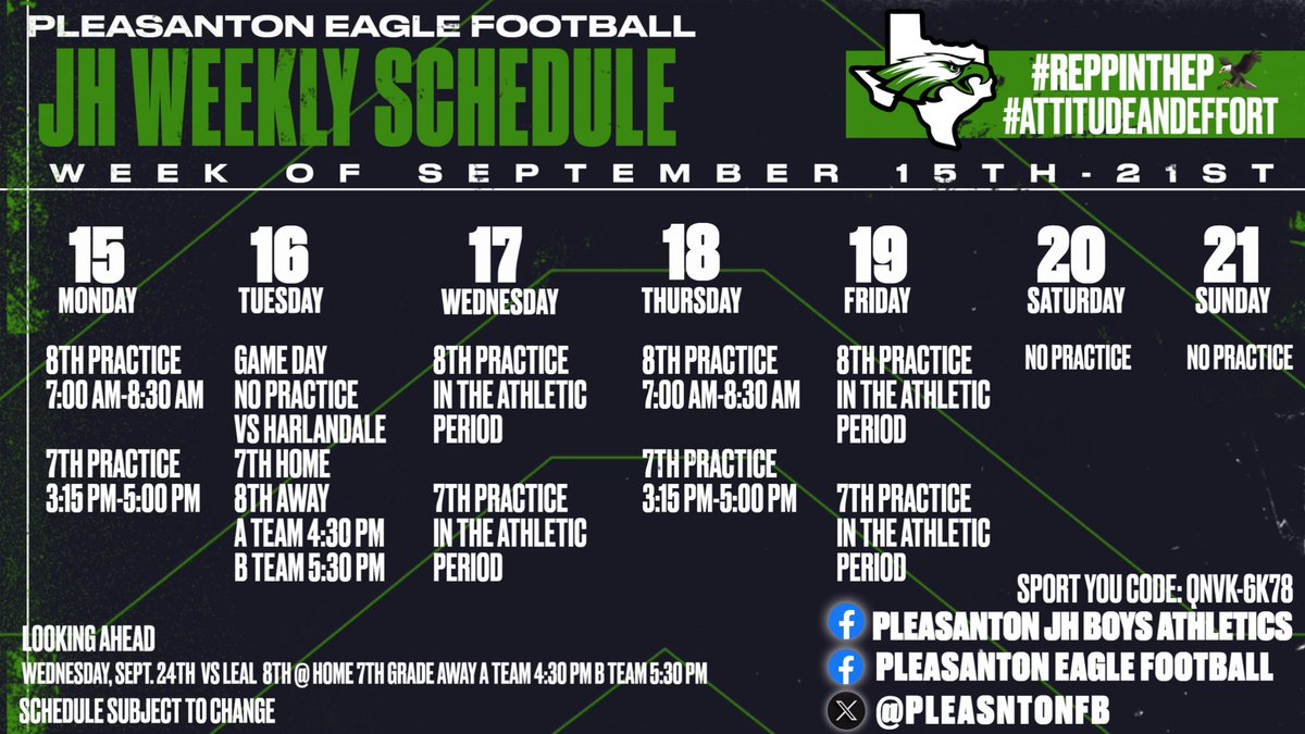 Weekly Schedule for JH Eagle Football!!