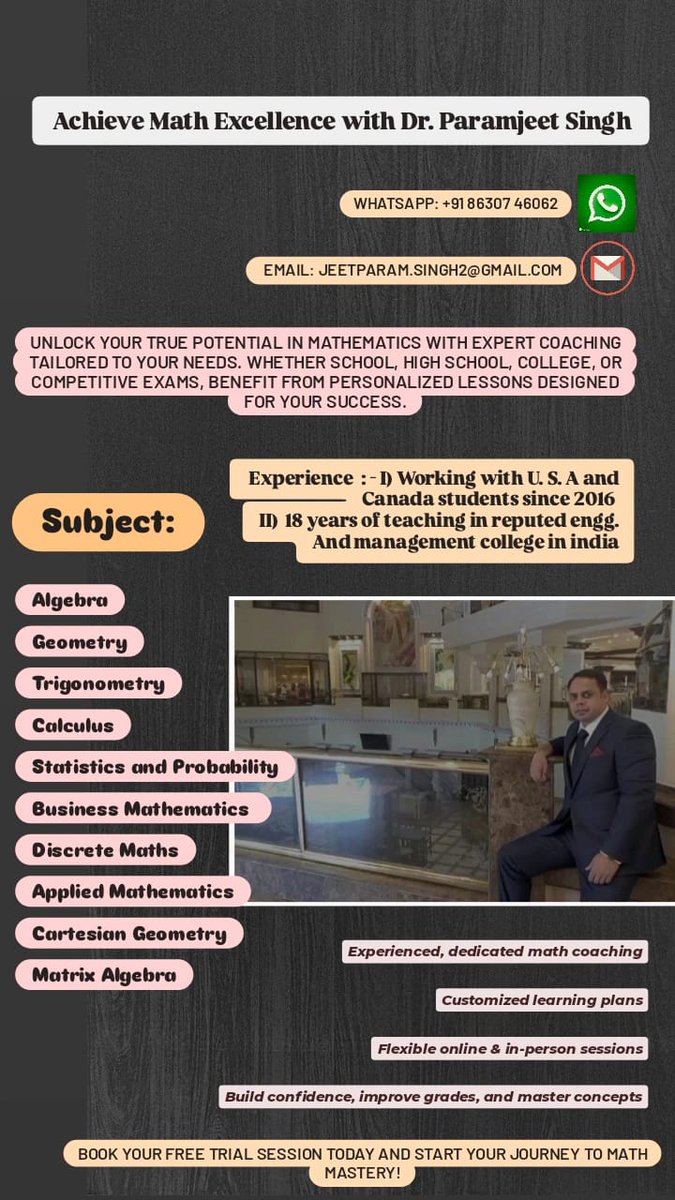 jeet45837190's tweet image. Ready to succeed in Math? Contact Today for a Free Consultation!
 #MathTutor
 #OnlineMathHelp 
#MathHomeworkHelp 
#MathematicsTutoring 
#LearnMath 
Email id - jeetparam.singh2@gmail.com