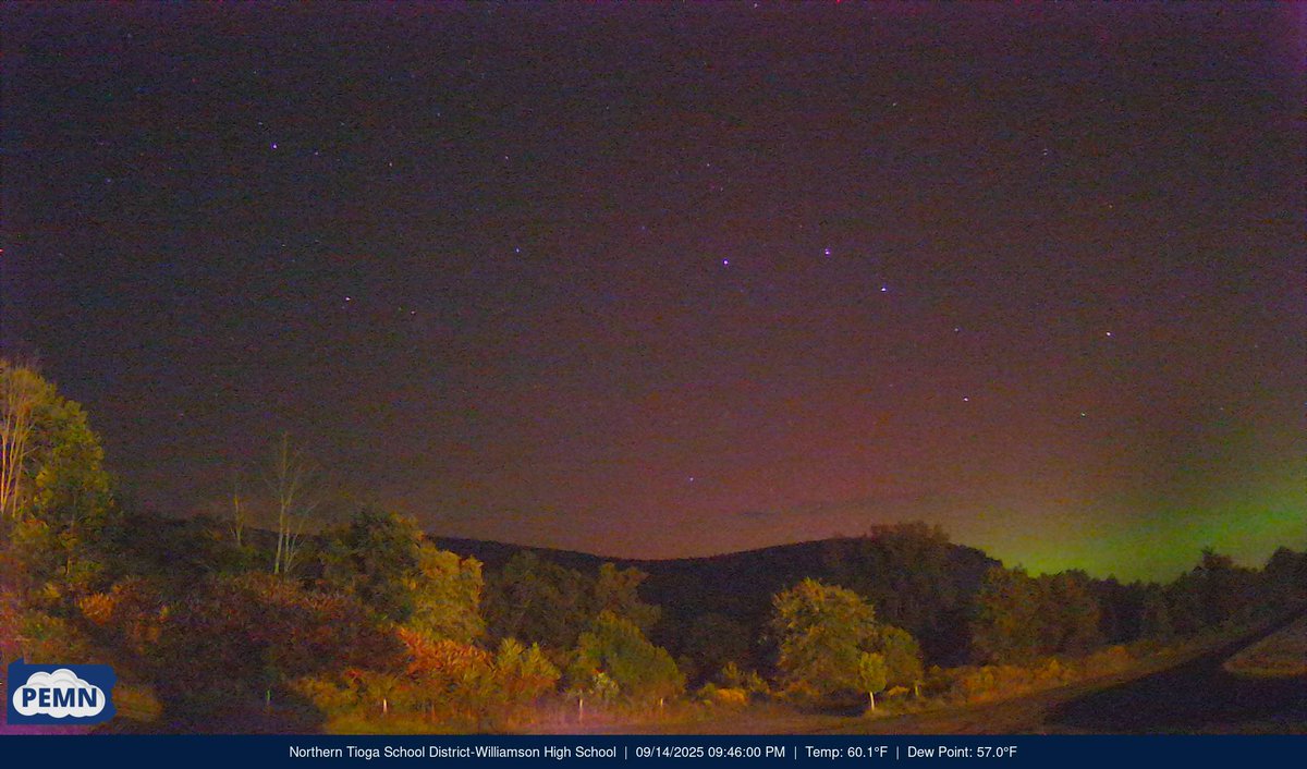 Aurora Borealis sighting!! 🟩🟪

The Northern Lights have made an appearance in northern PA!

Image from Williamson High School in Tioga County.
#PAwx