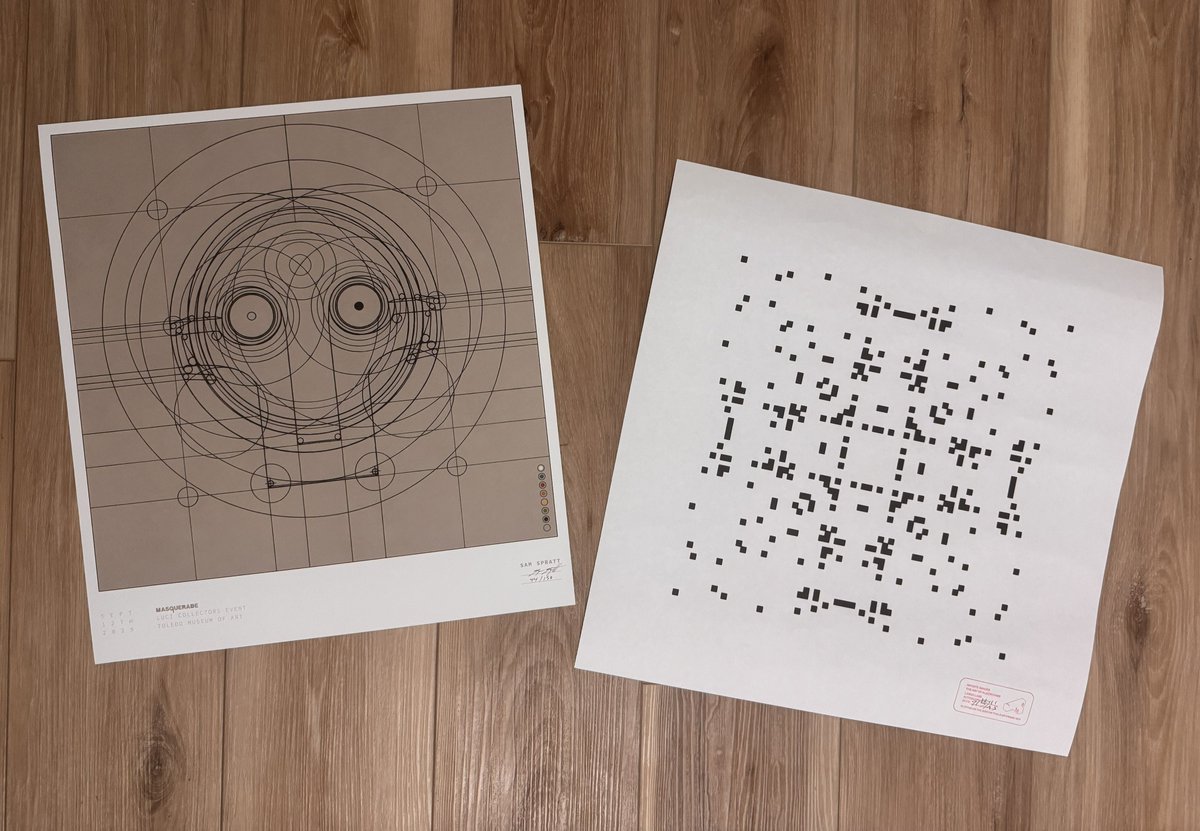 I was fortunate enough to collect these two awesome prints while at the TMA this weekend.

[Left] An official <a href="/SamSpratt/">Sam Spratt</a> Masquerade signed print (Ed of 150), given to guest who attended the event. 

[Right] Larva Labs Autoglyph #111, one of several prints available for people who