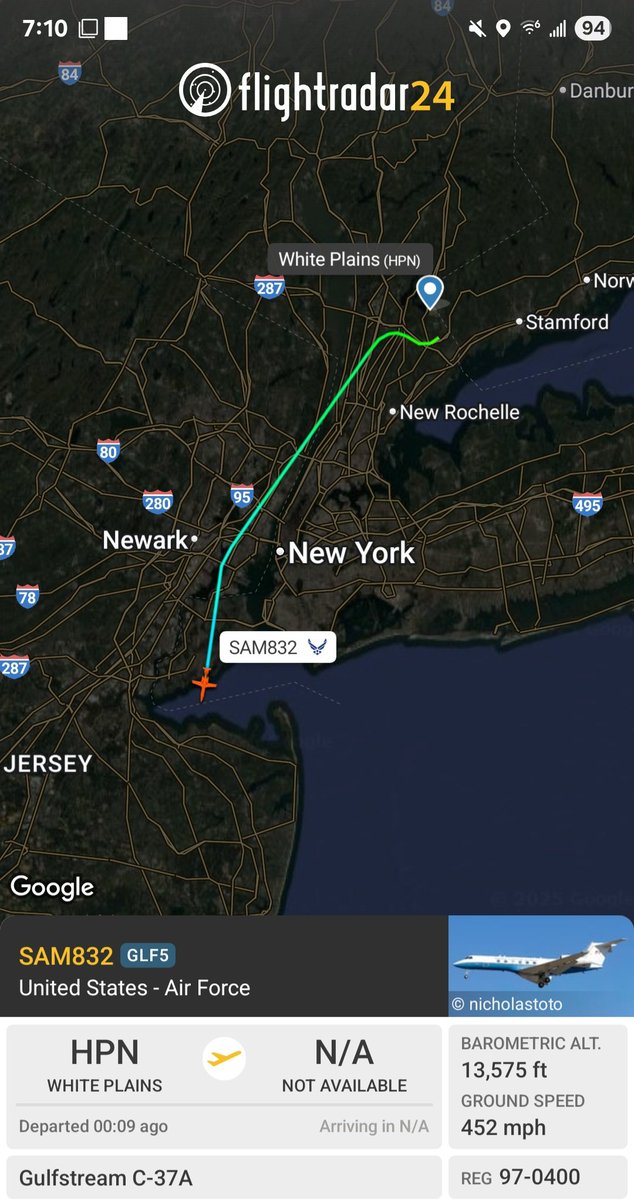 Borrowed7Time's tweet photo. USAF C-37A 97-0400 #AE010D as SAM832 en route from White Plains to JB Andrews. Aircraft is returning DepSecDef Steve Feinberg to DC from a weekend home.
@sipjack1776 @LadyAstroJet https://t.co/shvkfd4jyz
