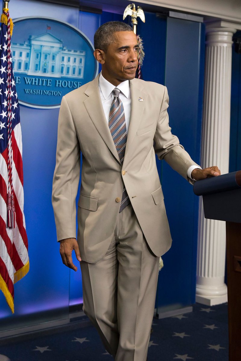 dieworkwear's tweet image. This differs from his infamous tan suit. For all the controversy this outfit stirred, few people pointed out that it kind of looks frumpy. It's certainly better than the shrunken silhouettes you see on some men today, but it's not particularly impressive.