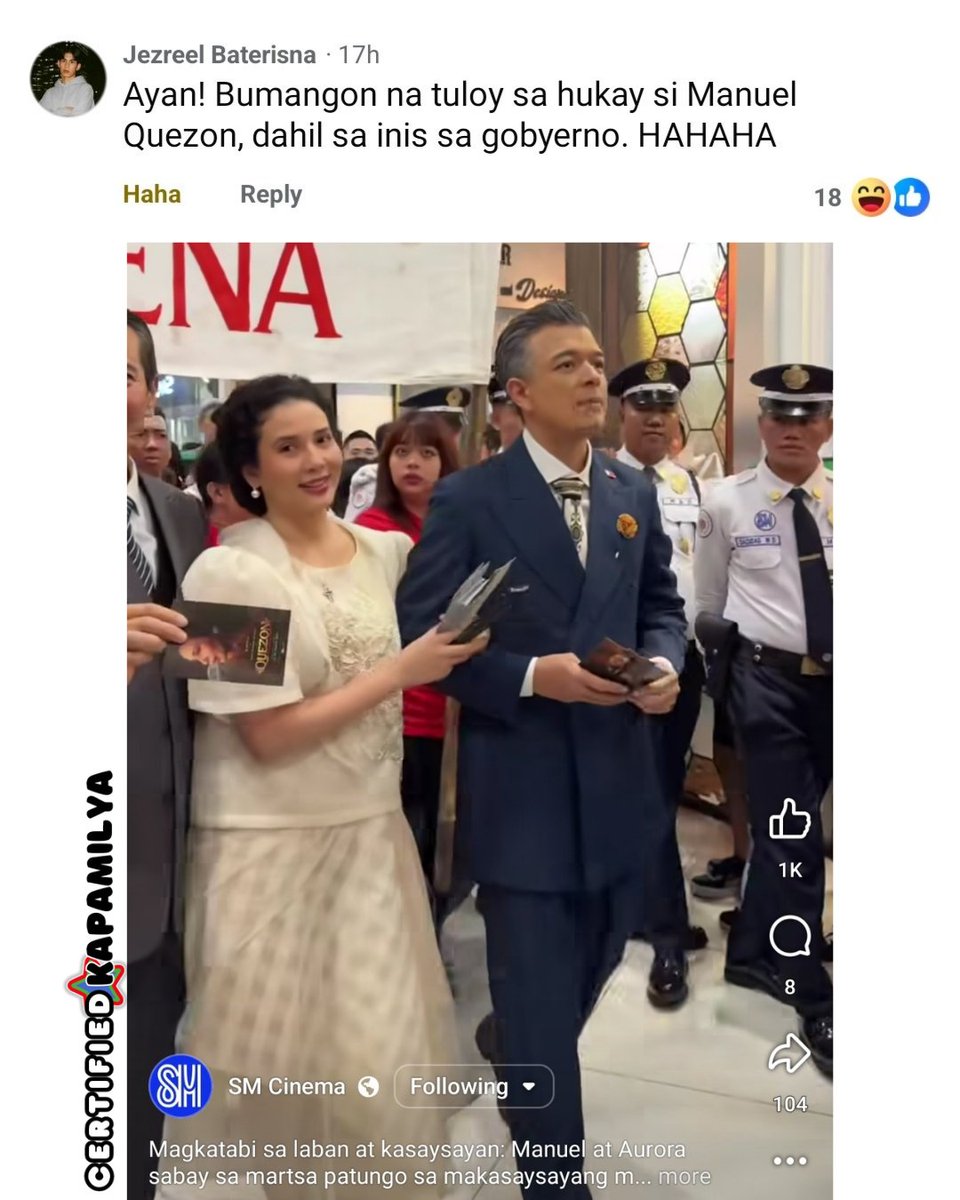 CertKap's tweet image. Hahahahah panalo yung comment ni kuya Jezreel sa #QuezonMovie promo reel ng SM Cinema kung saan nagmartsa si Echo na in-character sa Former President M. L. Quezon. 🤣

Kapamilya, suportahan po natin ang pelikula ni #JerichoRosales kasama si #Karylle ah.

Admin Two