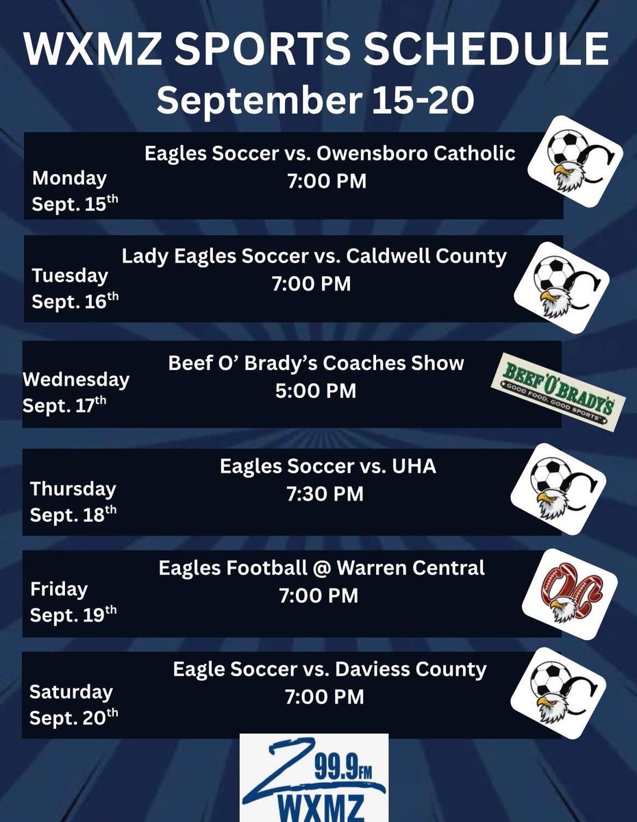 Another busy week of <a href="/OhioCountyHS/">Ohio County HS</a>  sports on <a href="/WXMX999/">WXMX</a>!

Official home of the Eagles!

#committedtoourcommunity