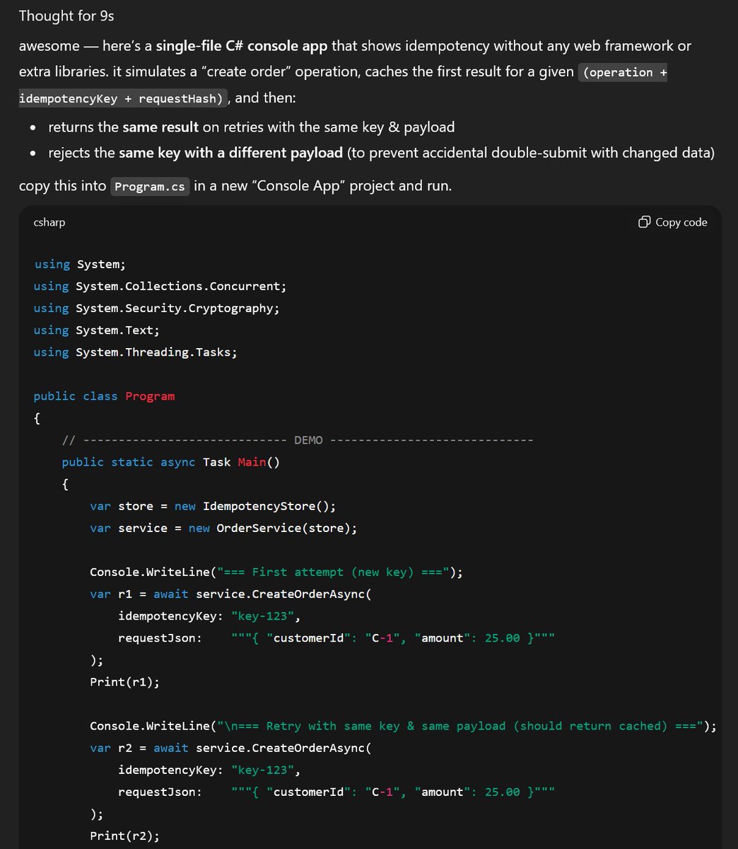 GameDevMadeEasy's tweet image. I've spoken a lot about using LLMs as a tool for learning, but I have never gone deep into the weeds of how to actually do this.
So.. Here's an example where I learned a new term today from a post on X.
chatgpt.com/share/68c77950…
Idempotency.
I copied and pasted into ChatGPT what…