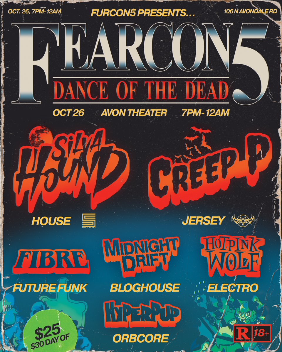 HYP3RPUP's tweet image. 💫 FURCON5 PRESENTS: FEARCON5 🎃🦇🍬
AVON THEATER, OCTOBER 26TH 2025

🎛️ FEAT. @HOTPINKWOLF @ItsCreepP @SilvaHound MIDNIGHT DRIFT @HYP3RPUP @fibrealex

INCLUDES FREE KANDI, HEADLESS HORSELOUNGE, TRICK OR TREATING, AND A COSPLAY CONTEST SPONSORED BY STARRCADE

🔗 LINK IN BIO 🔗