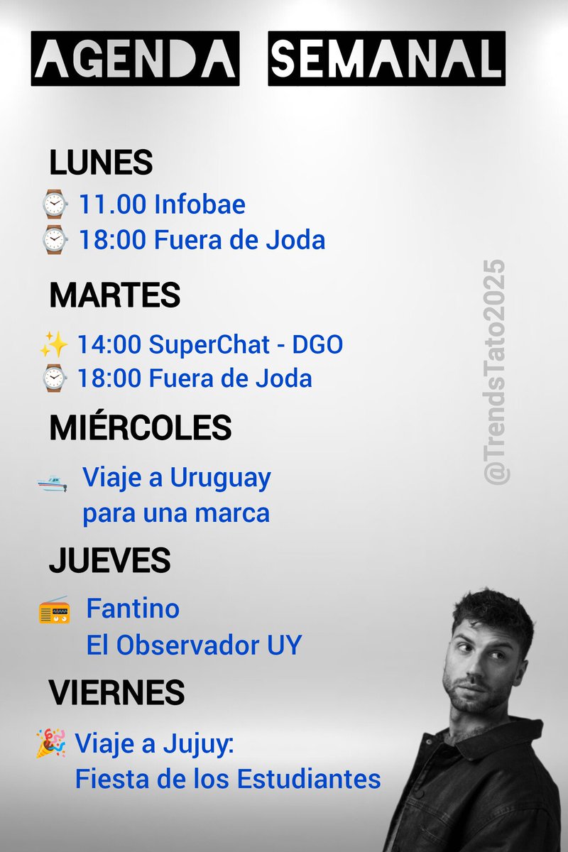 ✨ En la vida, lo único constante es el cambio!

La otra versión envejeció muy pronto 🤗
Les compartimos una nueva actualización de la agenda de <a href="/TatoAlgorta/">Tato</a> 

SUJETA A CAMBIOS a medida que vayamos teniendo novedades 🤗

#OnlyTato
