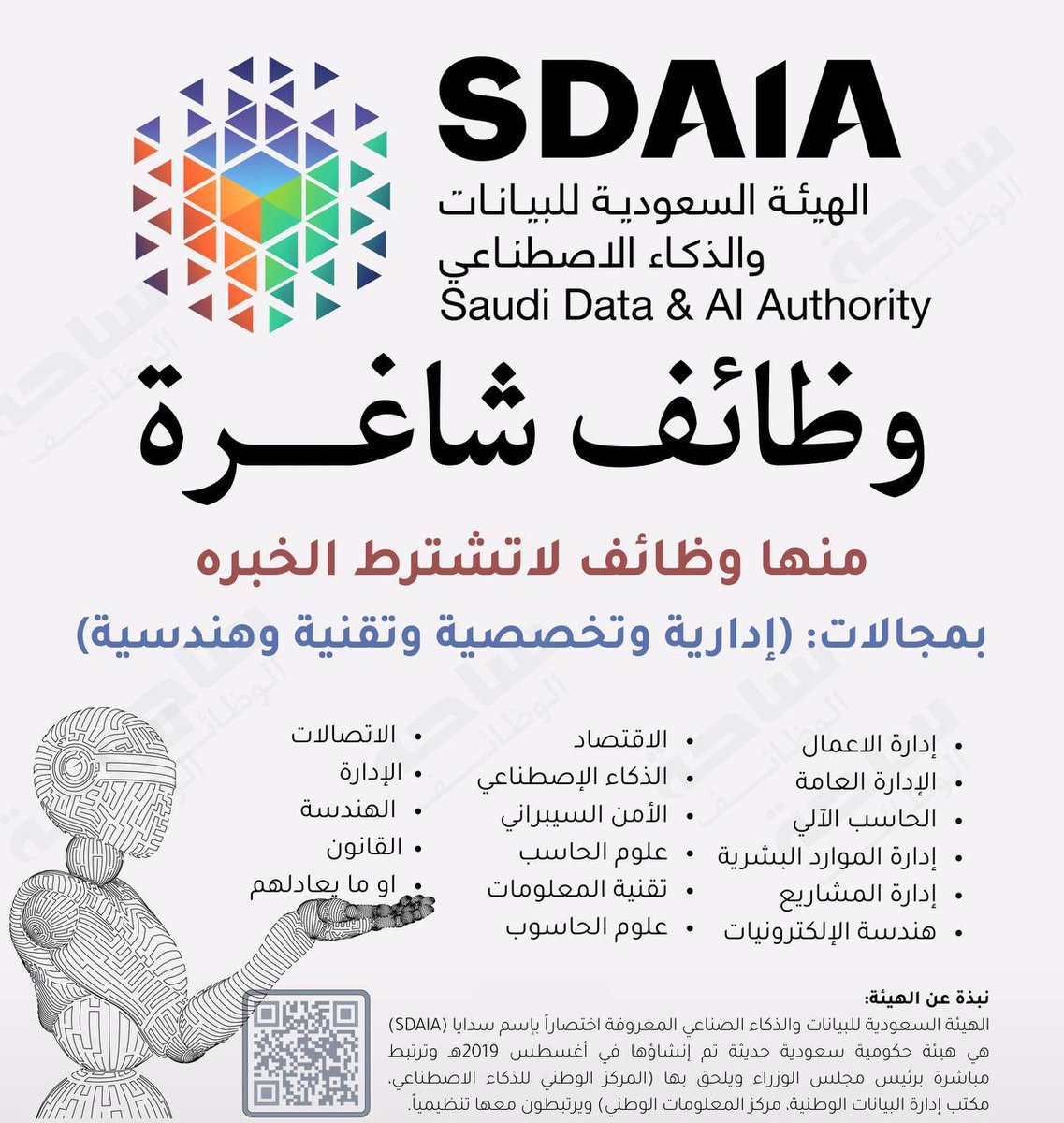 YourJobs_KSA's tweet photo. (🔴) هام |  وظائف (هيئة البيانات) للبكالوريوس فأعلى:

▪️ تشمل وظائف بدون خبره.
▪️ التخصصات (الإدارية، التقنية، الهندسية).

الهيئة السعودية للبيانات والذكاء الاصطناعي (سدايا) توفر وظائف (رجال / نساء) لحملة (البكالوريوس) فأعلى.

⬇️ للتقديم: (https://t.co/V3KuQZU48R)
_ https://t.co/jsSShjuWqA