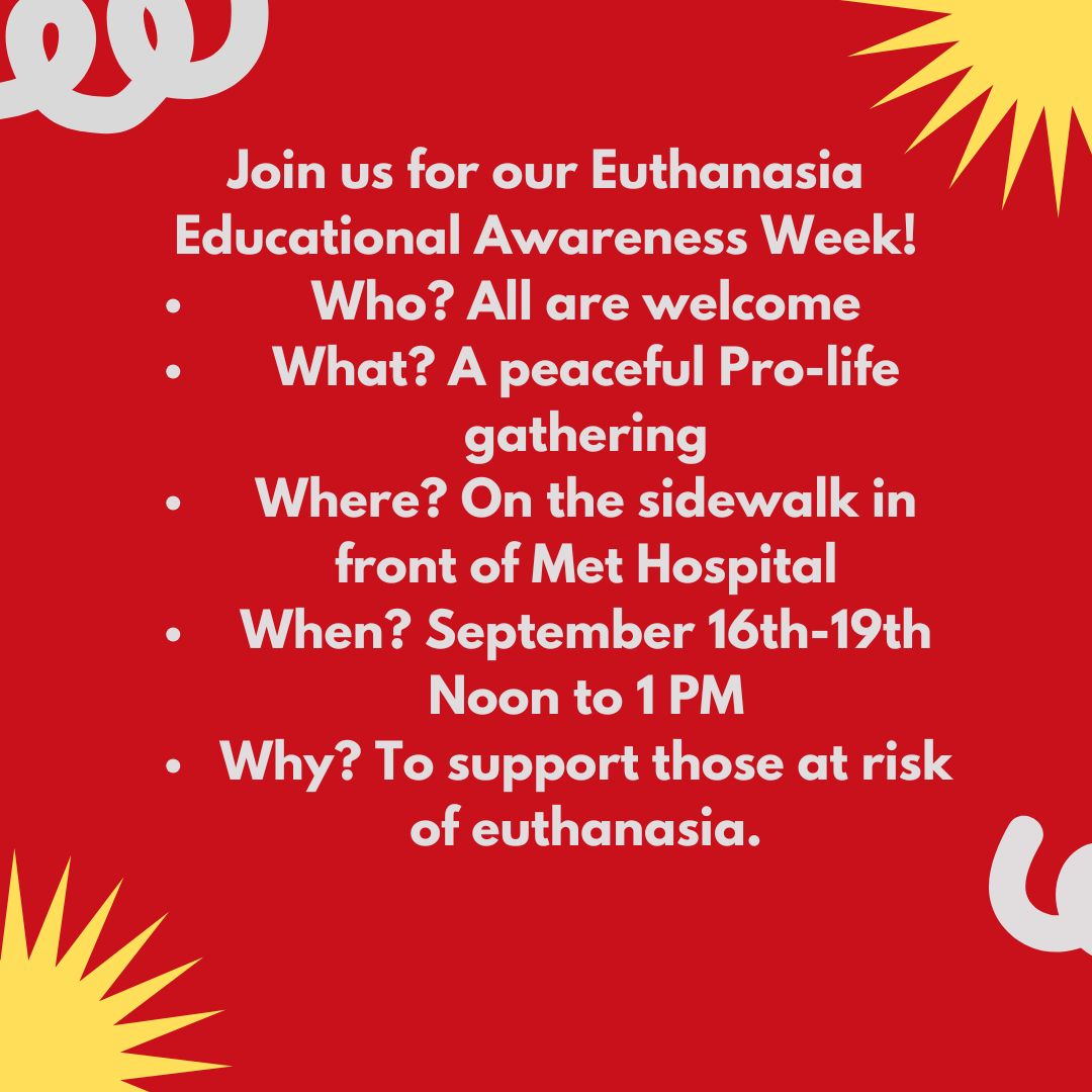 WERTL2541's tweet photo. Join us for our Euthanasia Educational Awareness Week!
Who? All are welcome
What? A peaceful Pro-life gathering
Where? On the sidewalk in front of Met Hospital
When? September 16th-19th Noon to 1 PM
Why? To support those at risk of euthanasia. https://t.co/schMmi90aI