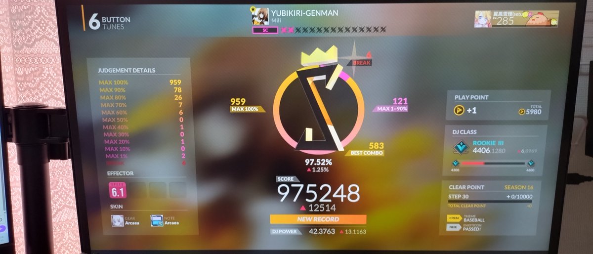 あれ?今日の私どうかした?今日死ぬの????
｡
YUBIKIRI-GENMAN 6BSC(2)
風にお願いお願い6BSC(3)
初めてSCでSのった｡ﾟ(ﾟ´ω`ﾟ)ﾟ
Tok!Tok!Tok!も965まで伸ばたから頑張ります
 #DJMAX