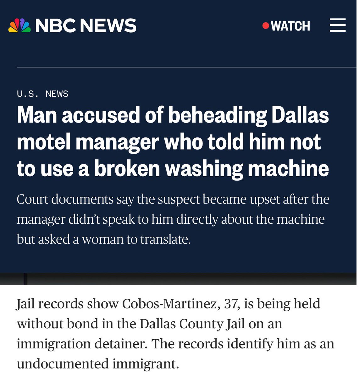 ‼️‼️More migrant crime. This time a Dallas hotel manager was beheaded by an illegal immigrant. 

Source NBC News: nbcnews.com/news/amp/rcna2…