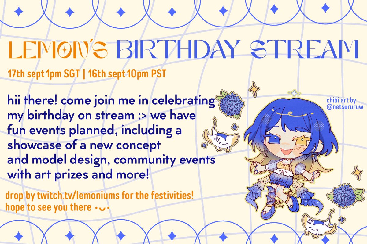—— 🪼birthday stream invite ✴︎

hello everyone!! i’ll be having a birthday celebration stream this wednesday (17th 1pm SGT | 16th 10pm PST) 🪸 

we have many fun things planned, including a…. new concept reveal?? 🫣🧪

🧵more info in the thread below!