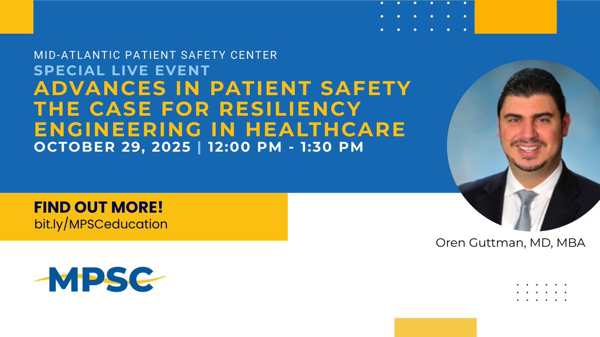 MidAtlSafety's tweet photo. 📢 Special Live Event – Oct 29 @ 12 PM ET
 Advances in Patient Safety: Resiliency Engineering in Healthcare

Discover how adaptive capacity, guided adaptation &amp; dynamic replanning help teams stay safe under pressure.

Register: https://t.co/Vg6pX3kVul

#PatientSafety https://t.co/daU3DzjqLm