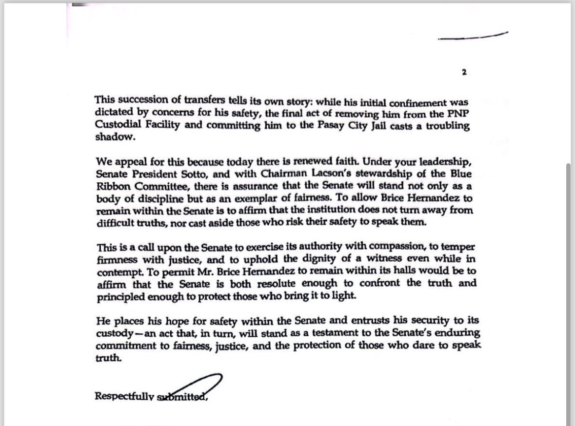 robert mano (@robertmano47) on Twitter photo Basahin: Sulat ng kampo ni Brice Hernandez na humihiling na ibalik siya sa Senate detention facility. (📸 Office of Senate President Tito Sotto) Basahin: Sulat ng kampo ni Brice Hernandez na humihiling na ibalik siya sa Senate detention facility. (📸 Office of Senate President Tito Sotto)
