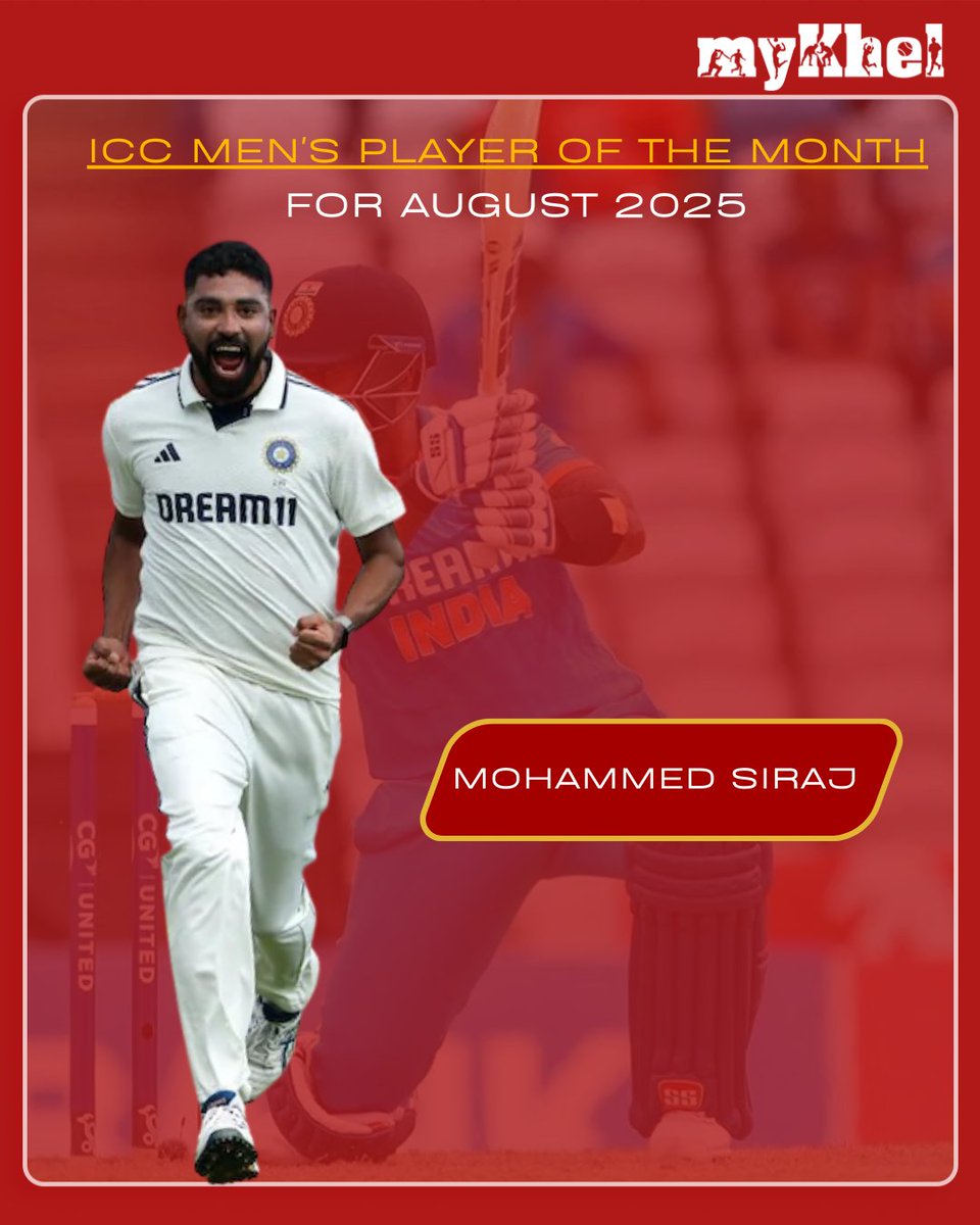 mykhelcom's tweet image. Mohammed Siraj earned the ICC Men’s Player of the Month award for August 2025 following his exceptional performances with the ball for India in the red-ball series against England, highlighting his impact and consistency.

#MohammedSiraj #ICCPlayerOfTheMonth #TeamIndia #IndvsEng…