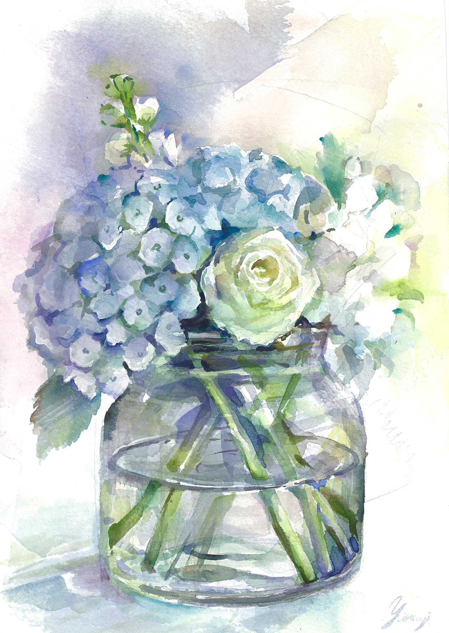 水彩画 花瓶の花 紫と緑の色合い 水彩画 花瓶の花 紫と緑の色合い