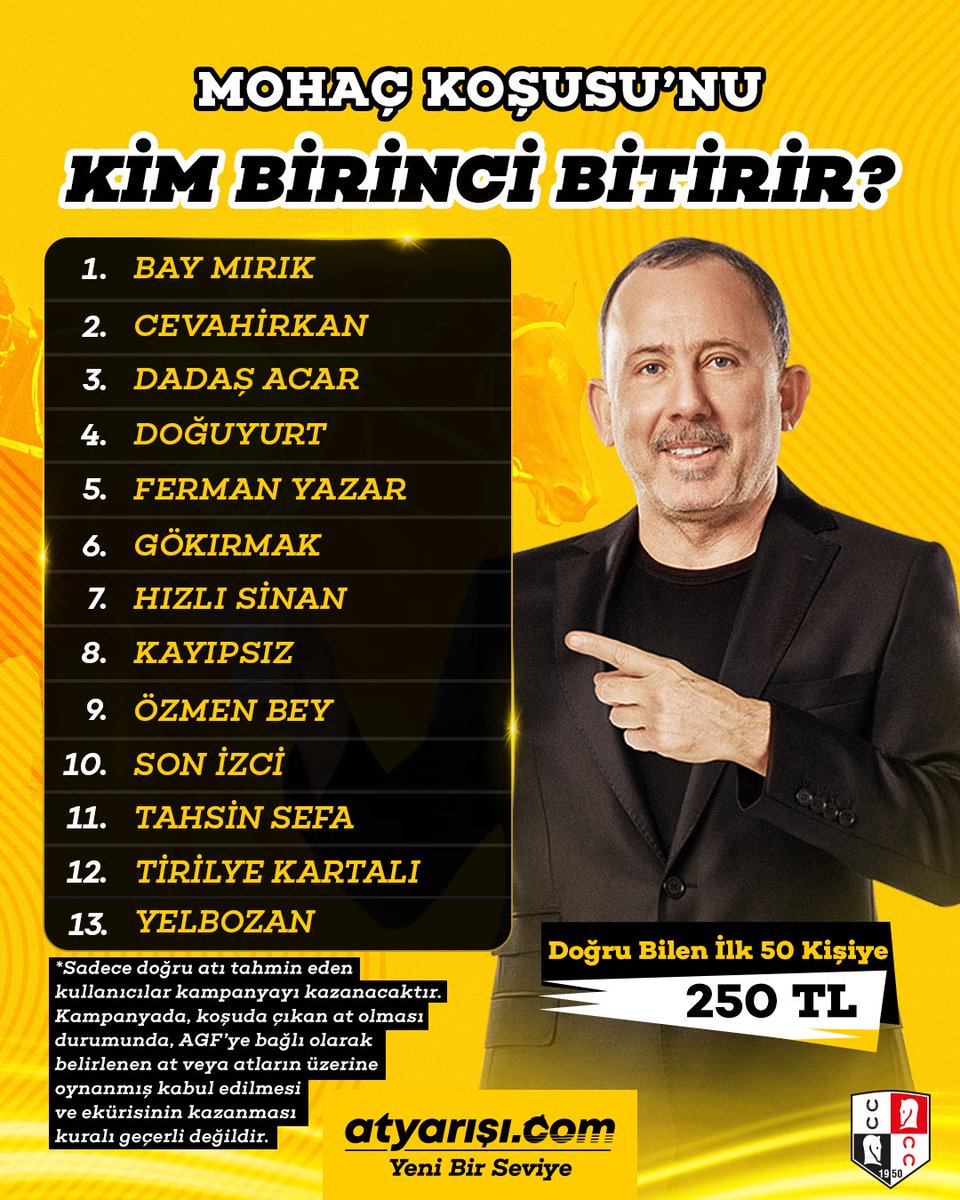 ÖDÜL ZAMANI! 🍀
 
Mohaç Koşusu'nu birinci bitiren atı bilen ilk 50 kişiden biri ol, 250 TL değerinde atyarışı.com puanı kazan!
 
KATILIM ŞARTLARI 🔎
💥Bu hesabı takip etmek
💥Bu paylaşımı yeniden göndermek (Repost)
💥Tahmininizi, atyarışı.com üye numaranızı