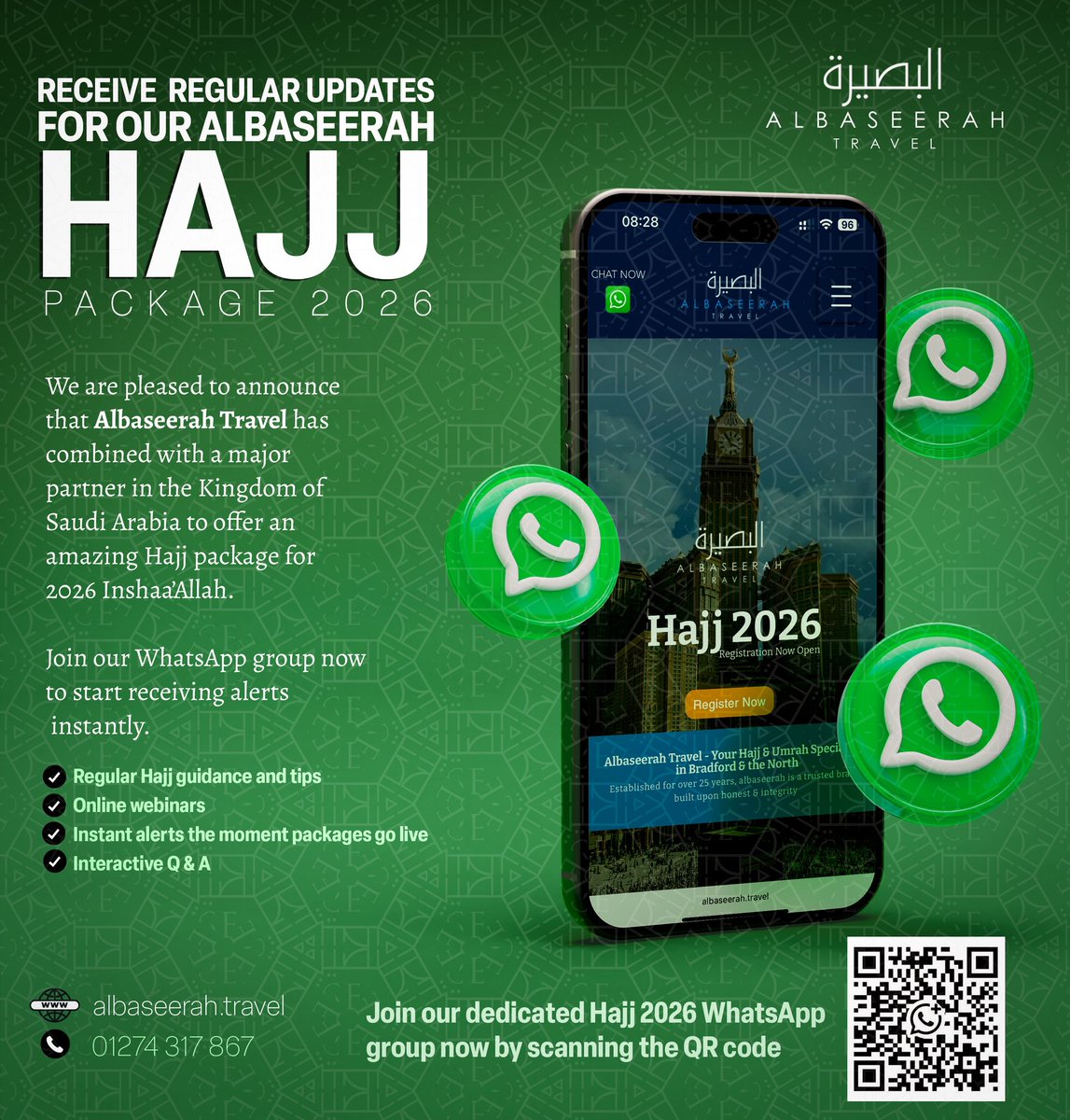 EXCITING ANNOUNCEMENT:

Planning to perform Hajj in 2026?

We are pleased to announce that Albaseerah Travel has combined with a major partner in Saudi Arabia to offer an amazing Hajj package for 2026. For regular updates, join our WhatsApp group now

chat.whatsapp.com/D2I5u5MUpvw9TK…