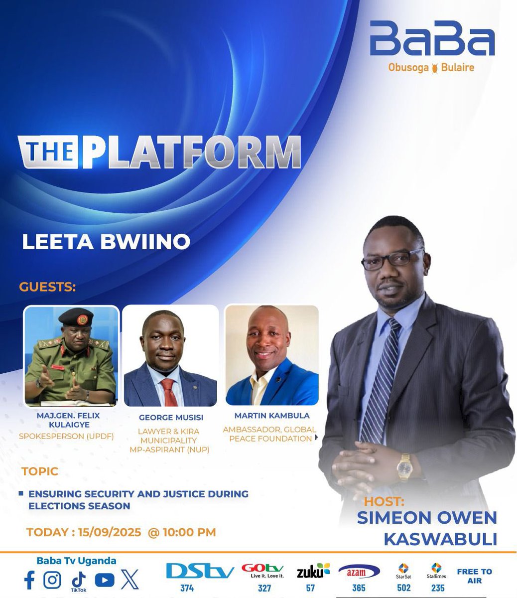Don’t miss me tonight Monday 15th September on BaBa TV  Live at 10pm,  as I engage in a powerful conversation on ensuring security and justice during the election season. Let’s keep our democracy safe and fair.  <a href="/Peace/">Peace</a> Service Ambassador Kambula Milton 
#BaBaTVLive #ElectionTalks