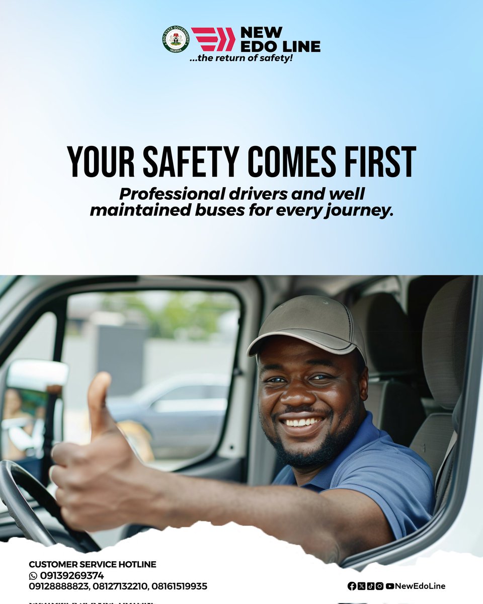 Safety First with New Edo Line🚍💨

Your peace of mind is our priority! At New Edo Line, we’re committed to safe, comfortable journeys with well-trained professional drivers steering you through Nigeria’s roads. 

Trust us for secure, reliable transport. Your safety, Our promise.