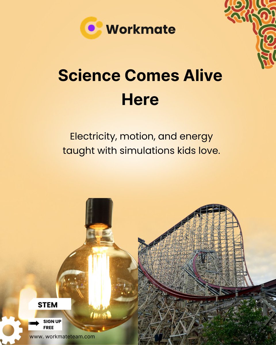 Workmate_Team's tweet photo. From light bulbs to roller coasters science isn’t just theory, it’s energy in motion!

At Workmate, kids explore electricity, motion &amp; energy with interactive simulations that make learning FUN. 

Sign up free at https://t.co/ER5bGMjk2L https://t.co/wzufsYQTiq